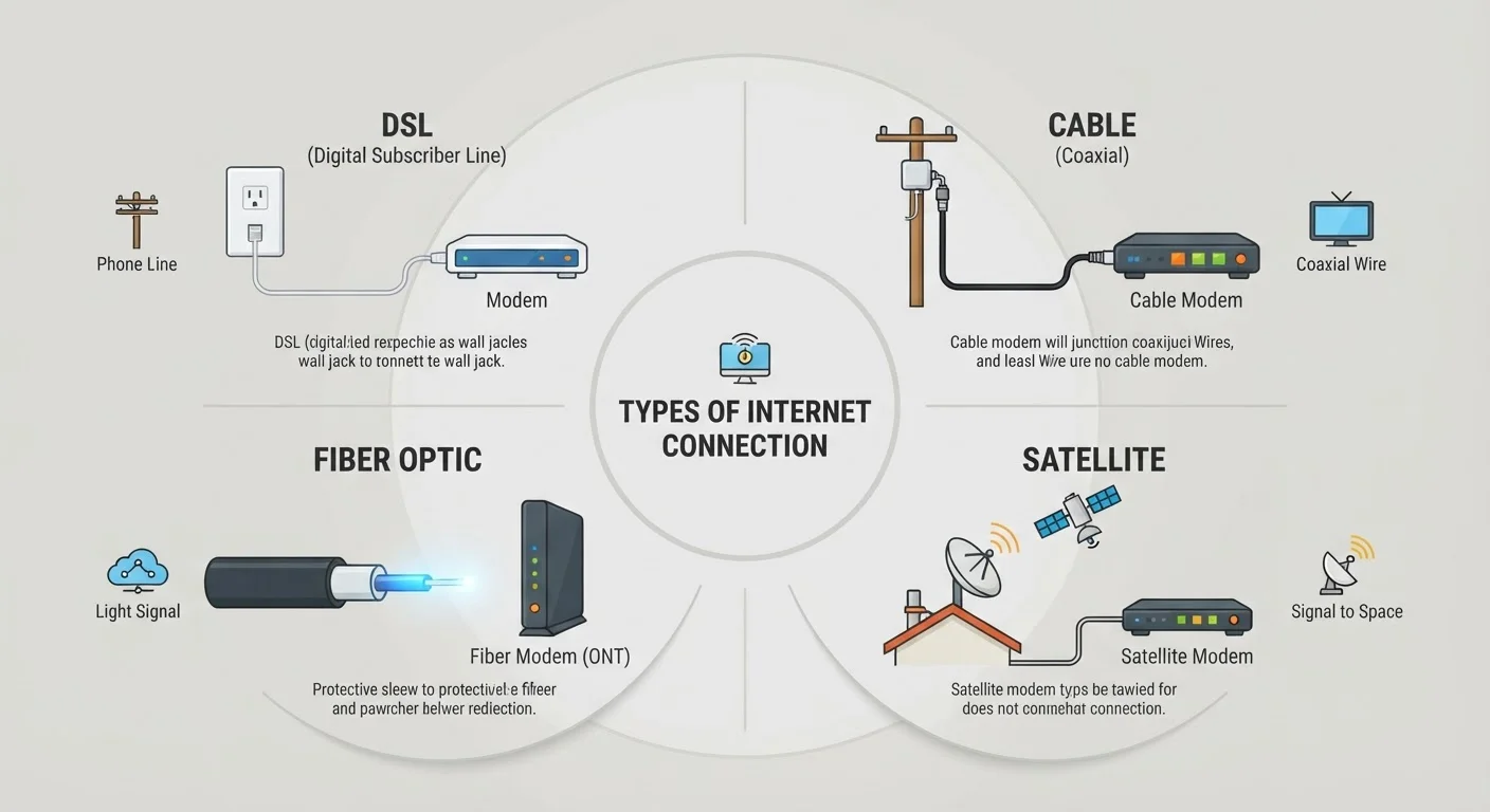 Home Internet Types Explained: DSL, Cable, Fiber, and Satellite